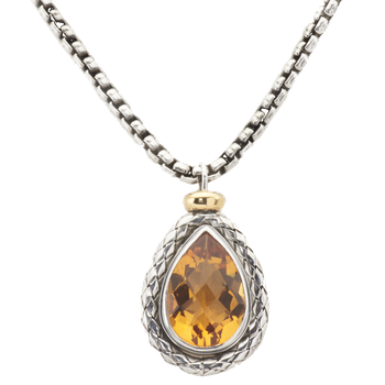 Sterling Pear Shaped Citrine Traversa Circle with Yellow Gold Rondelle Box Chain Necklace VHN 788 FC