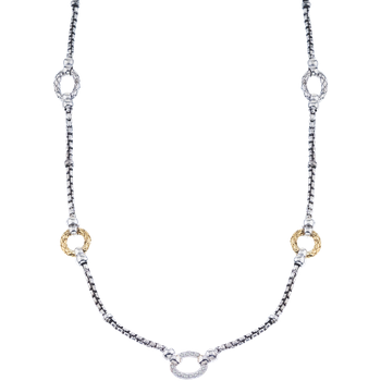4 Oval Sterling & Yellow Gold Station with 1 Oval Diamond Station in Center Box Chain Necklace VHN 1238 D