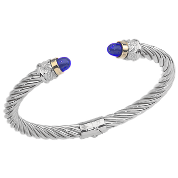 Yellow Gold Bezel Set Lapis Lazuli cabochons Twisted Cable Sterling Spring Cuff Bracelet AO 12-952 LL