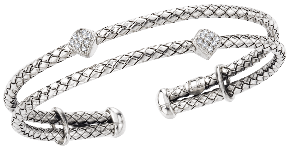 Two Strand, Two Diamond Shape Diamond Station Sterling Traversa Cuff Bracelet
