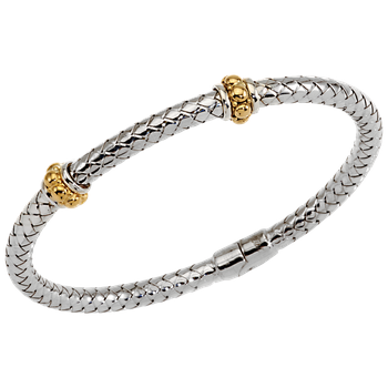 Double Yellow Gold Beaded Rondelles Sterling Traversa Spring Bangle Bracelet VHB 1452