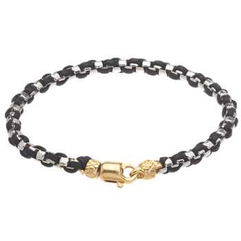 Men's box bracelet woven with black leather, 18K yellow gold lock & Traversa end caps, Rhodium Finish MB 3057 G B 8.5"