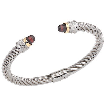 Yellow Gold Bezel Set Faceted Garnet cabochons Spring Twisted Cable Sterling Spring Bangle Bracelet AO 12-952 FG