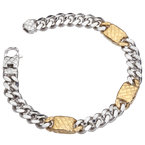 Alisa Shiny men's curb link bracelet, 3 X 18K yellow gold Traversa flat stations, Rhodium Finish MB 3062, 8.5"