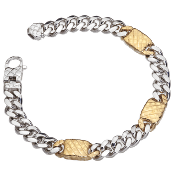 Shiny men's curb link bracelet, 3 X 18K yellow gold Traversa flat stations, Rhodium Finish MB 3062, 8.5"