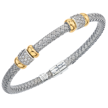 Double Diamond & Yellow Gold Wide Rondelle Station Sterling Linea Spring Bangle Bracelet VHB 1412 D