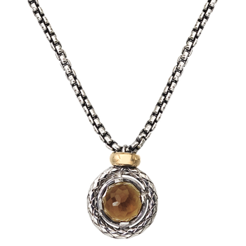 Sterling Round Citrine Traversa Circle with Yellow Gold Rondelle Box Chain Necklace VHN 786 FC