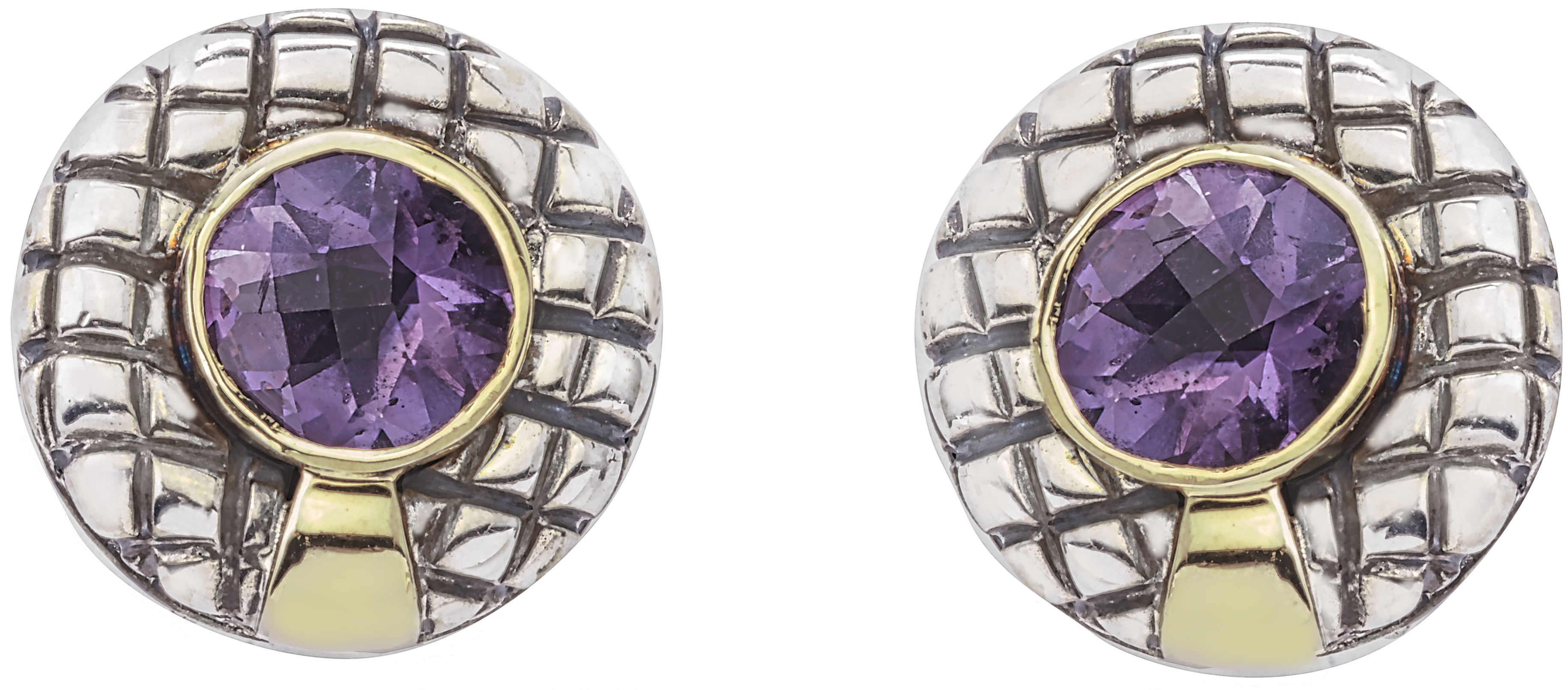 Yellow Gold Round Bezel Set Amethyst Sterling Traversa Round Button Earrings