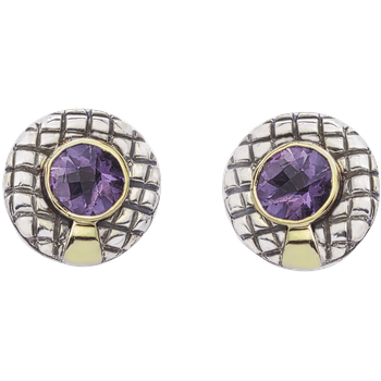Yellow Gold Round Bezel Set Amethyst Sterling Traversa Round Button Earrings VHE 618 FA
