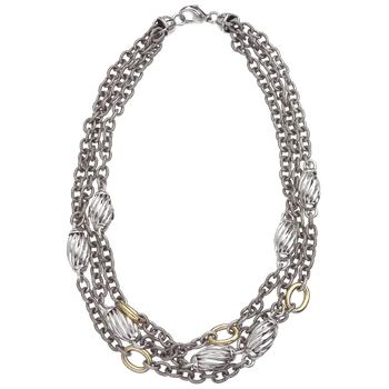 3 Strand Sterling Twisted Cable Links & Beads & Yellow Gold Ovals Necklace VHN 554