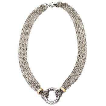 Sterling Multi Strand Rollo Necklace, Round Traversa Circle Center with 2 Yellow Gold Rondelles VHN 684