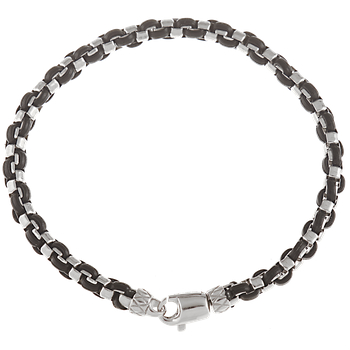 Men's box bracelet woven with black leather, Traversa lock & end caps, Rhodium Finish MB 3057 B 9"