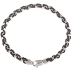 Alisa Men's box bracelet woven with black leather, Traversa lock & end caps, Rhodium Finish MB 3057 B 8.5"