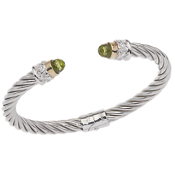 Yellow Gold Bezel Set Faceted Peridot cabochons Twisted Cable Sterling Spring Cuff Bracelet AO 12-952 FP