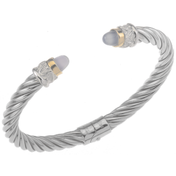 Yellow Gold Bezel Set Blue Chalcedony cabochons Twisted Cable Sterling Spring Cuff Bracelet AO 12-952 BL CHAL