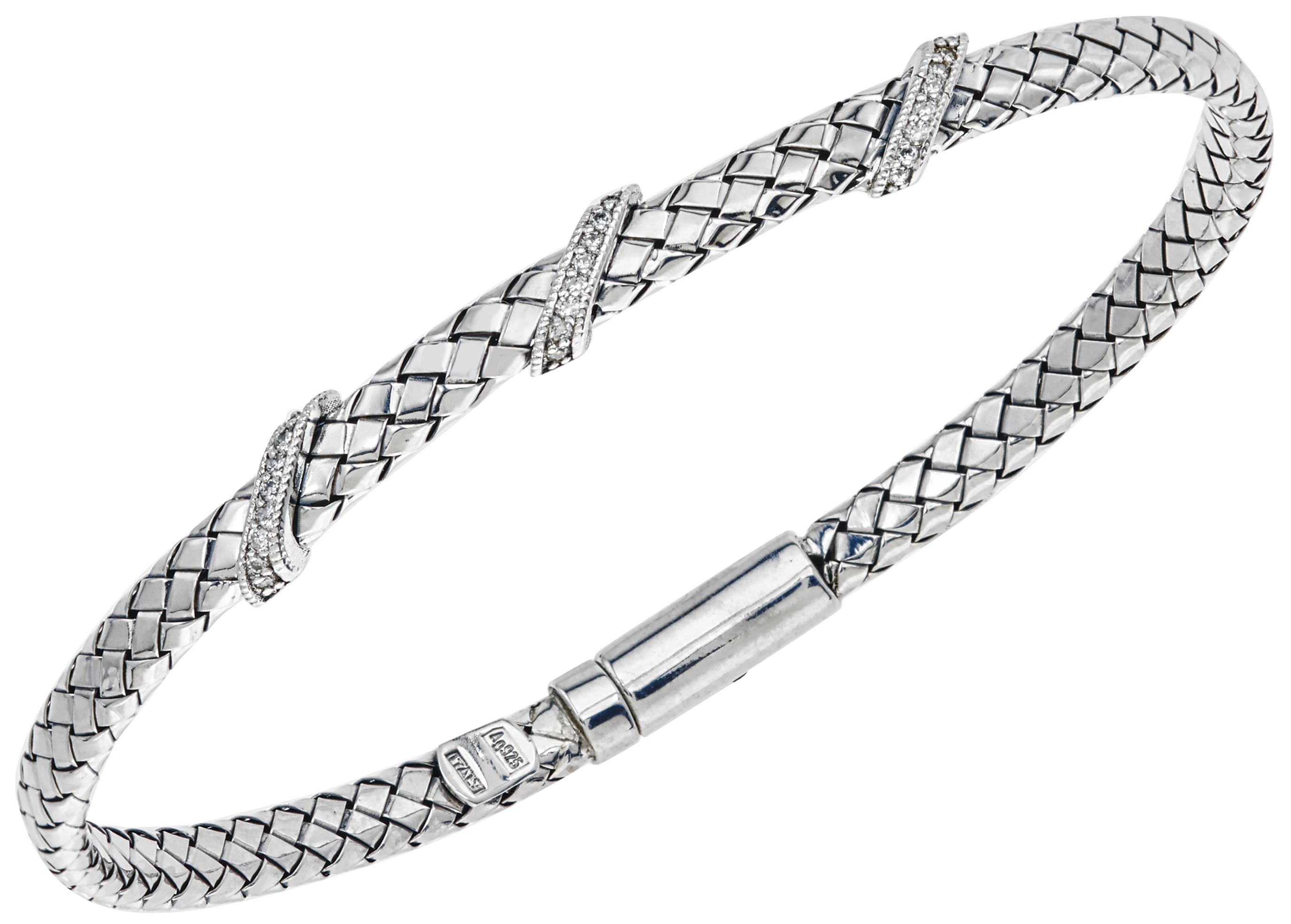 Flat Three Diagonal Diamond Station Sterling Traversa Locking Bangle Bracelet