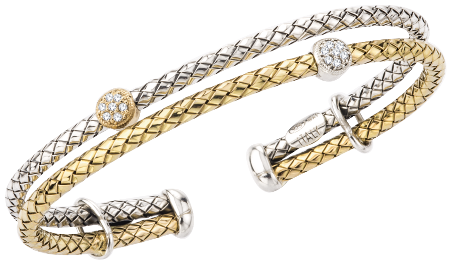 Two Strand Yellow Gold & Sterling Traversa, Two Round Shape Diamond Station Cuff Bracelet