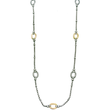 Long Sterling Box Chain with 4 Traversa Oval Links & 3 Shiny Yellow Gold Oval Links Necklace VHN 645