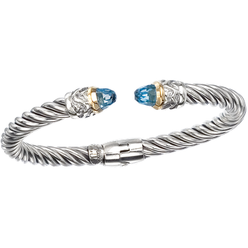 Yellow Gold Bezel Set Faceted Blue Topaz cabochons Twisted Cable Sterling Spring Cuff Bracelet AO 12-952 FBT