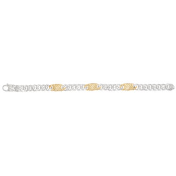 Shiny men's curb link bracelet, 3 X 18K yellow gold Traversa flat stations, Rhodium Finish MB 3062, 8.5"