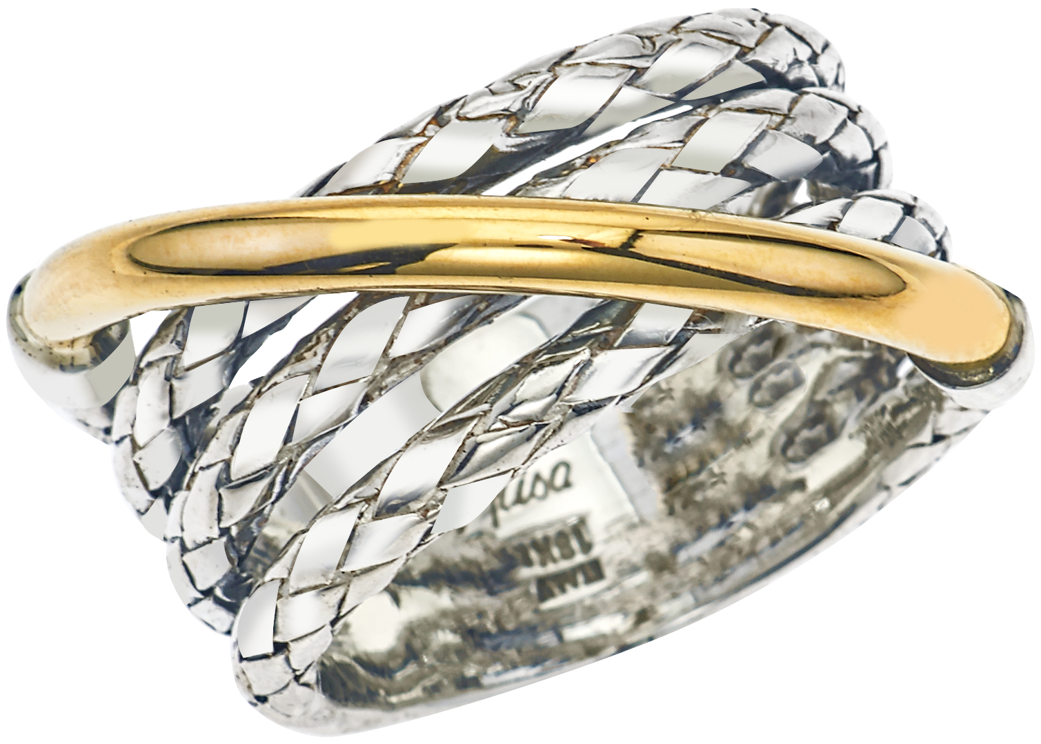 3 Row Sterling Traversa Band Ring with Yellow Gold Shiny Crossover