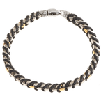 Alisa Men's textured box bracelet woven with black leather, Traversa lock & end caps, Rhodium Finish MB 3172 B 8.5"