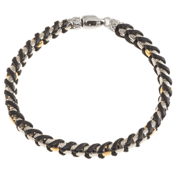 Men's textured box bracelet woven with black leather, Traversa lock & end caps, Rhodium Finish MB 3172 B 8.5"