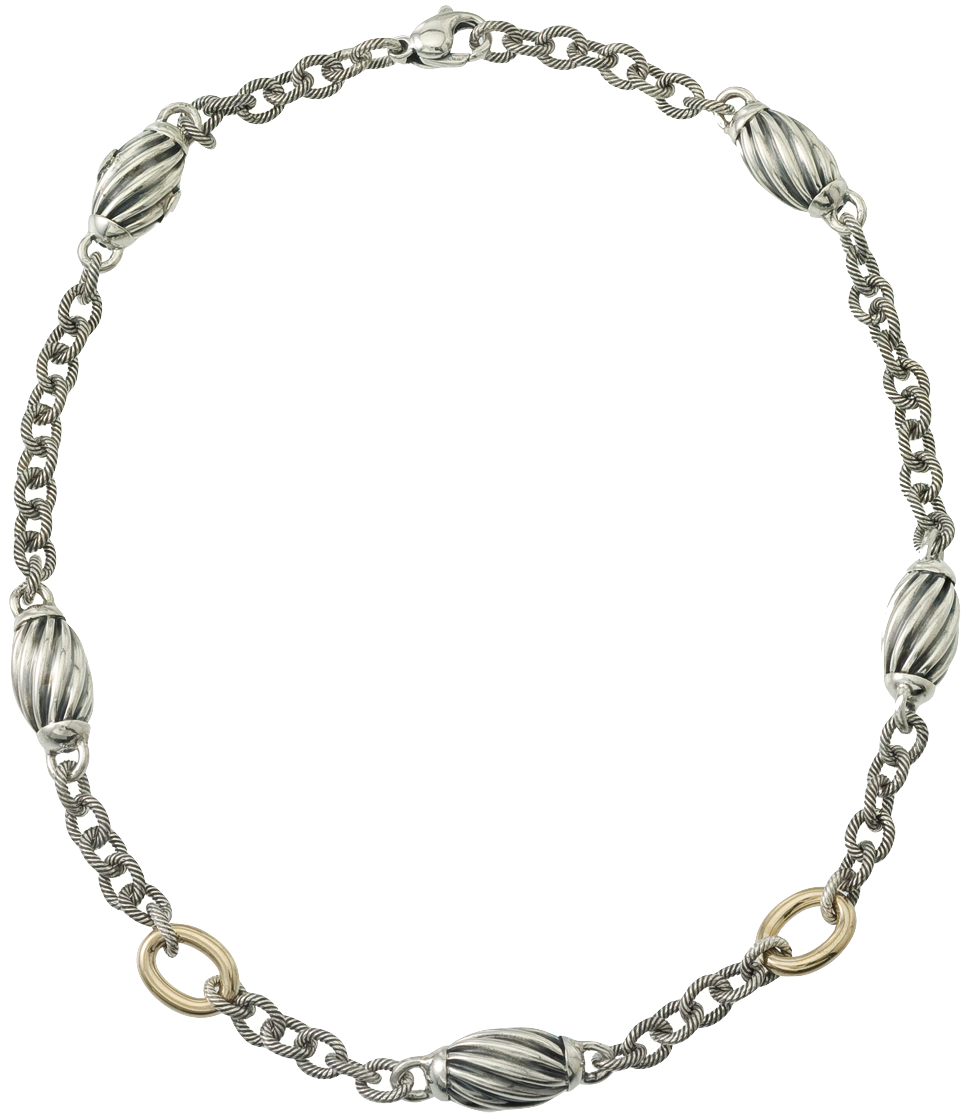 Single Strand Sterling Twisted Cable Links & Beads & Yellow Gold Ovals Necklace