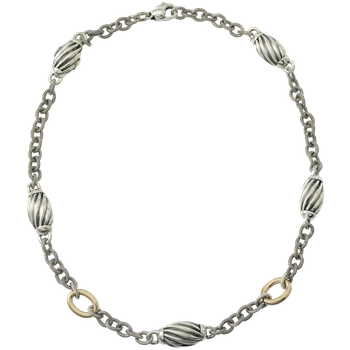 Single Strand Sterling Twisted Cable Links & Beads & Yellow Gold Ovals Necklace VHN 556