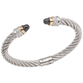 Yellow Gold Bezel Set Faceted Black Spinel cabochons Twisted Cable Sterling Spring Cuff Bracelet AO 12-952 FBS