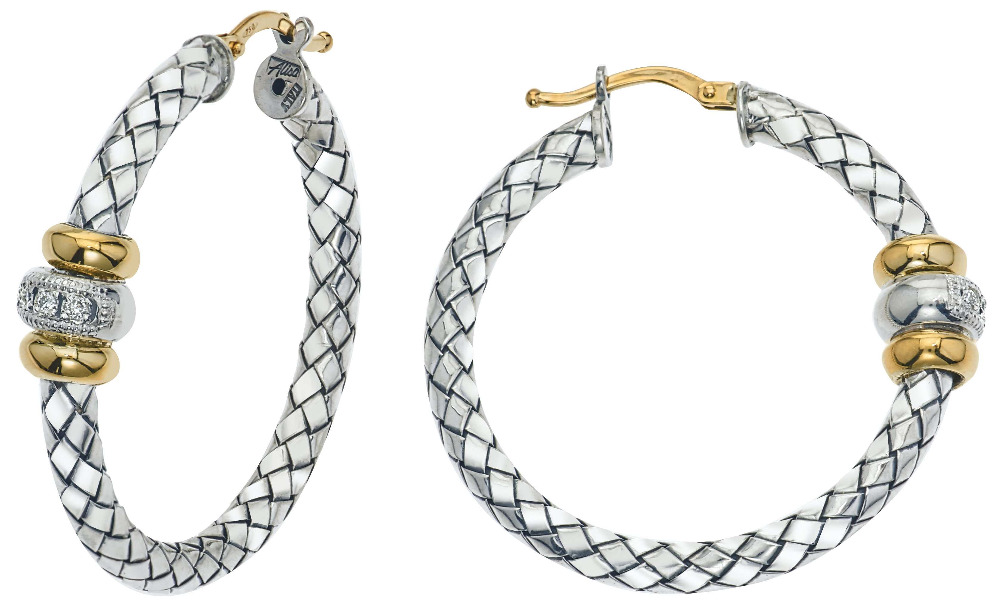 Single Station Yellow Gold & Diamond Rondelle Round Sterling Traversa Hoop Earrings