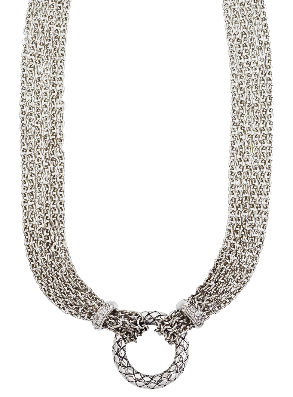 Sterling Multi Strand Rollo Necklace, Round Traversa Circle Center with 2 Diamond Rondelles