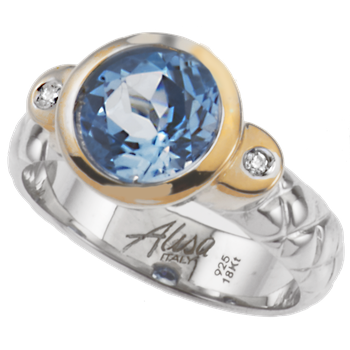 Yellow Gold Bezel Set Blue Topaz Sterling Traversa Ring, Diamond Accents VHR 591 FBT