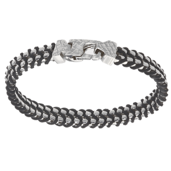Men's 2 row box bracelet woven with black paracord, Traversa lock & end caps, Rhodium Finish MB 3060 B 9"
