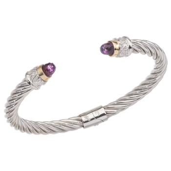 Yellow Gold Bezel Set Faceted Amethyst cabochons Twisted Cable Sterling Spring Cuff Bracelet AO 12-952 FA