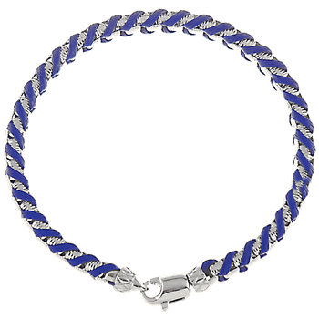 Men's textured box bracelet woven with blue leather, Traversa lock & end caps, Rhodium Finish MB 3058 BL 8.5"