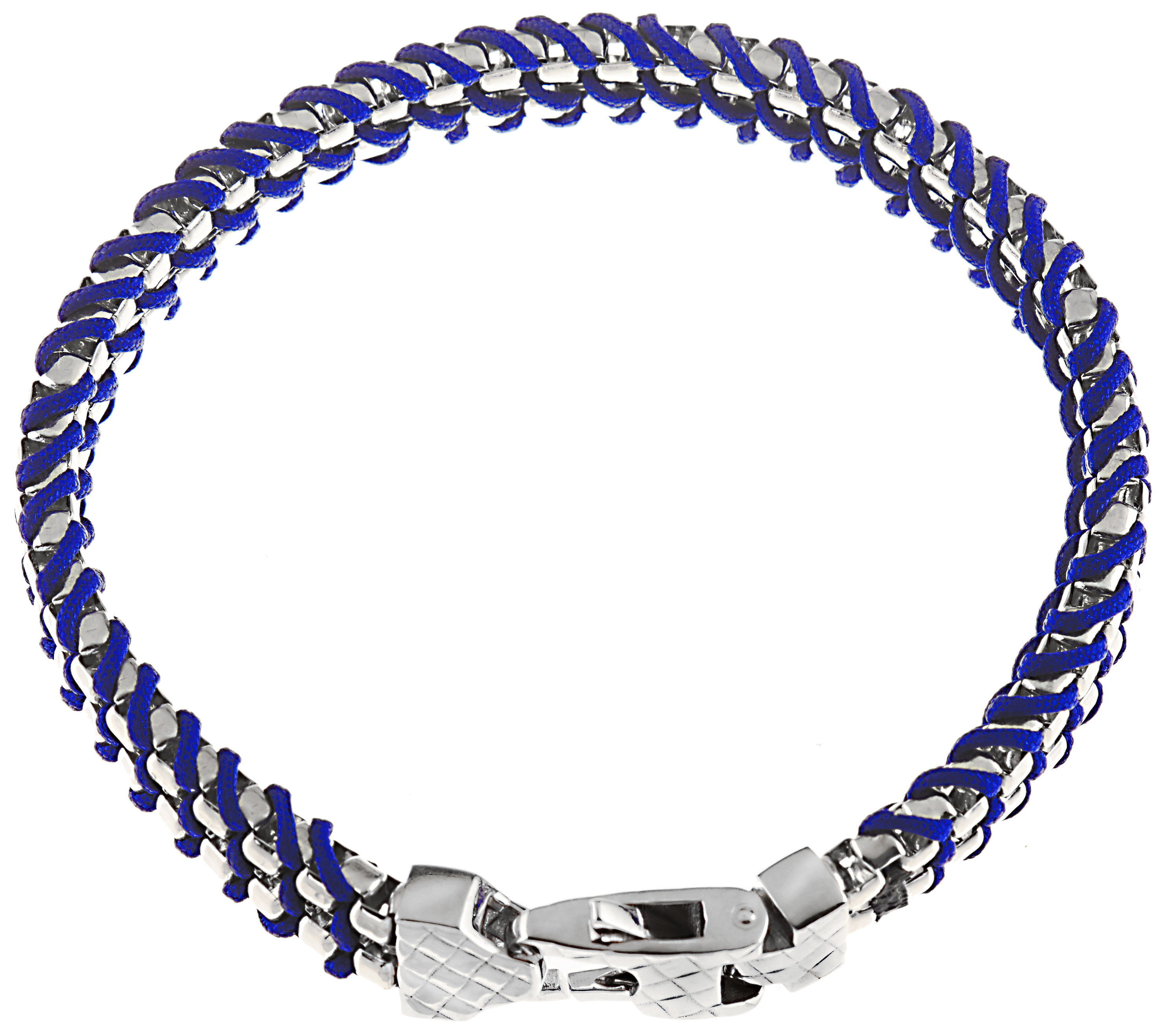 Men's 2 row box bracelet woven with blue paracord, Traversa lock & end caps, Rhodium Finish