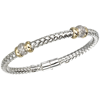 Double Diamond & Yellow Gold Wide Rondelle Station Sterling Traversa Spring Bangle Bracelet VHB 633 D