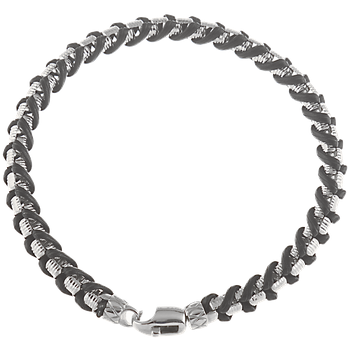 Men's textured box bracelet woven with black leather, Traversa lock & end caps, Rhodium Finish MB 3058 B 8.5"