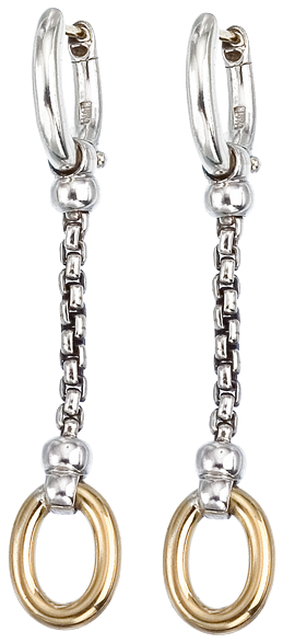 Sterling Single Box Chain Earrings with Shiny Yellow Gold Oval Drop