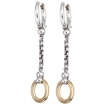 Sterling Single Box Chain Earrings with Shiny Yellow Gold Oval Drop VHE 704